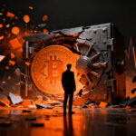 Escenario oscuro de un exchange de criptomonedas en crisis, representando el colapso financiero de OrionX y la regulación fintech en Chile.