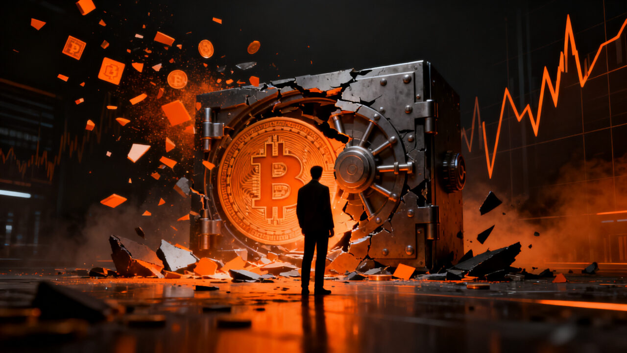 Escenario oscuro de un exchange de criptomonedas en crisis, representando el colapso financiero de OrionX y la regulación fintech en Chile.