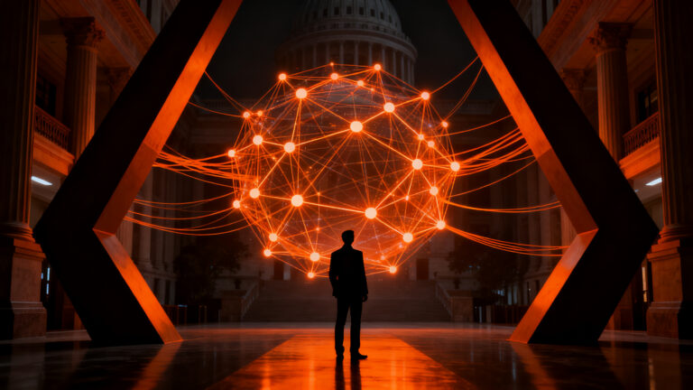 Representación conceptual de la regulación de IA y el pacto de las Big Tech con la Casa Blanca, destacando la seguridad y la gobernanza tecnológica.