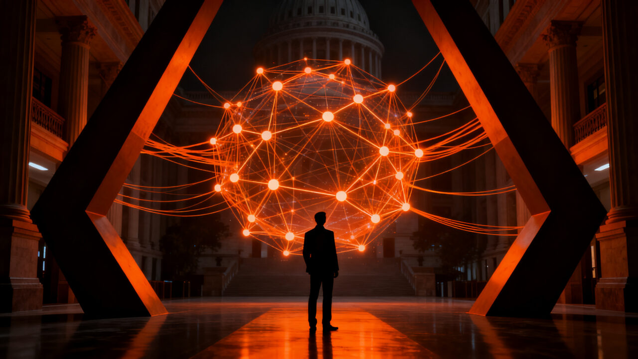 Representación conceptual de la regulación de IA y el pacto de las Big Tech con la Casa Blanca, destacando la seguridad y la gobernanza tecnológica.