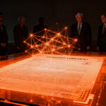 Líderes tecnológicos y políticos revisando un documento oficial de regulación de inteligencia artificial, destacando la importancia de la seguridad en modelos de frontera.