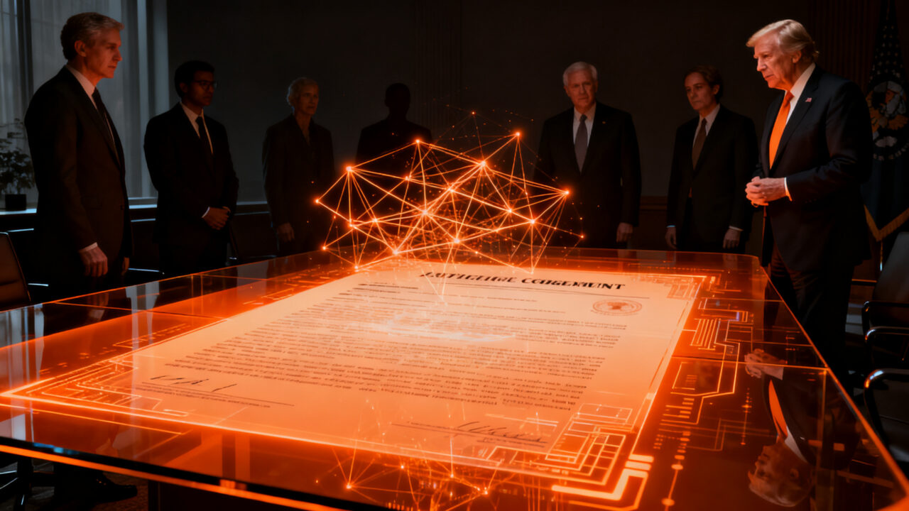 Líderes tecnológicos y políticos revisando un documento oficial de regulación de inteligencia artificial, destacando la importancia de la seguridad en modelos de frontera.
