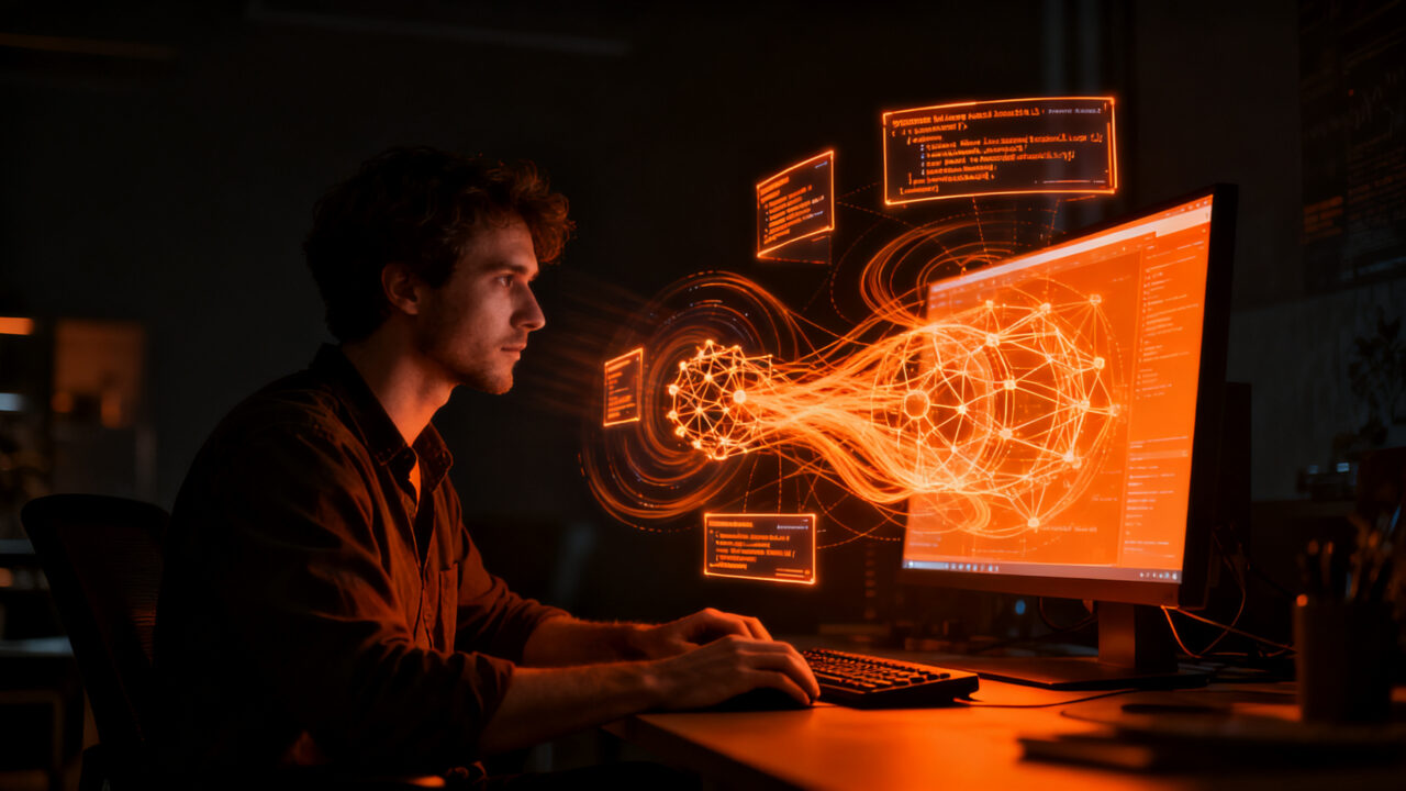 Programador utilizando IA para reescribir código complejo de Paint.NET, representando la tendencia del vibe coding en ingeniería de software.