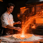 Dueño de pastelería utilizando herramientas de inteligencia artificial para la gestión y automatización de procesos en hostelería.