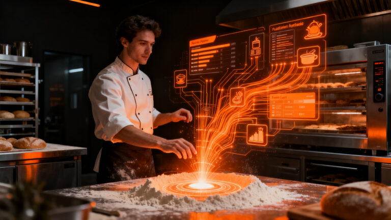 Dueño de pastelería utilizando herramientas de inteligencia artificial para la gestión y automatización de procesos en hostelería.