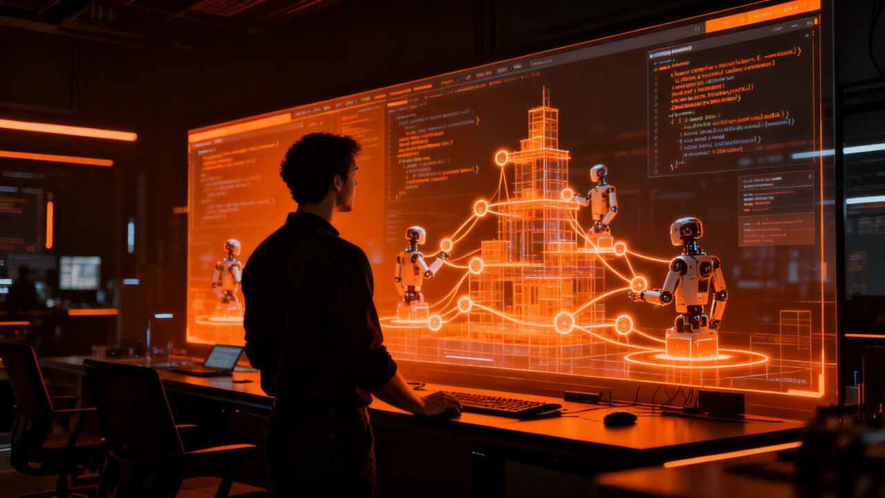Patrón software factory con agentes de IA automatizando el desarrollo de software en un entorno tecnológico.