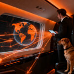 Emprendedor con su mascota en un jet privado, representando la digitalización y el mercado de lujo en viajes internacionales para animales.