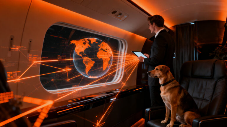 Emprendedor con su mascota en un jet privado, representando la digitalización y el mercado de lujo en viajes internacionales para animales.