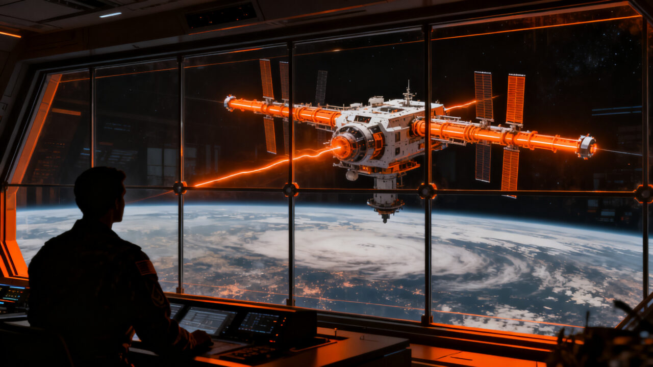 Satélite militar de defensa en órbita terrestre, representando la nueva carrera armamentística espacial y la seguridad global.