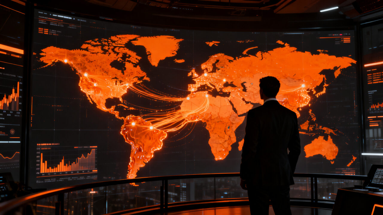 Mapa financiero global con silueta de estratega analizando el impacto del petróleo sobre los 100 dólares en mercados emergentes y tecnología.