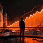 Analista financiero observando gráficos de mercado volátiles y petróleo, reflejando la presión sobre Wall Street y las tasas de interés.
