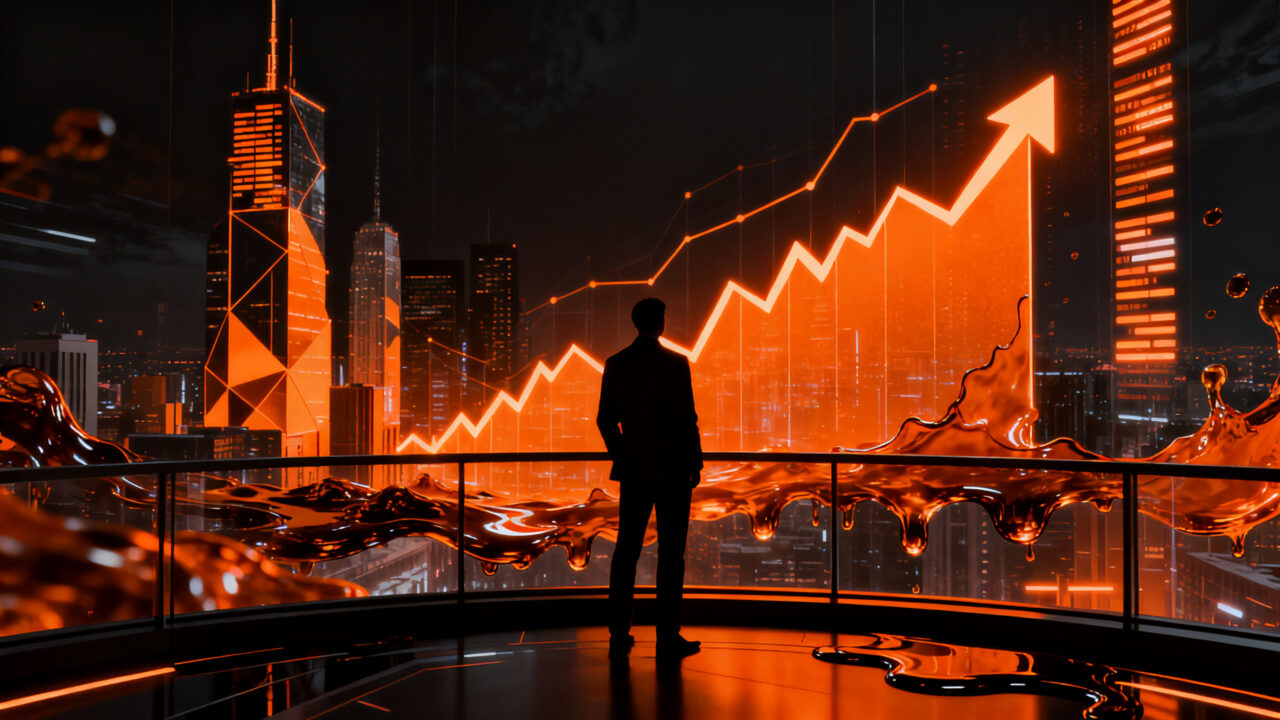 Analista financiero observando gráficos de mercado volátiles y petróleo, reflejando la presión sobre Wall Street y las tasas de interés.
