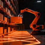 Robot de picking automatizado en almacén logístico, representando el crecimiento del mercado de robótica para 2030.