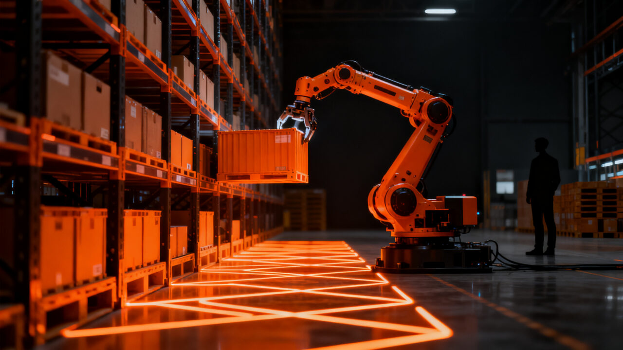 Robot de picking automatizado en almacén logístico, representando el crecimiento del mercado de robótica para 2030.