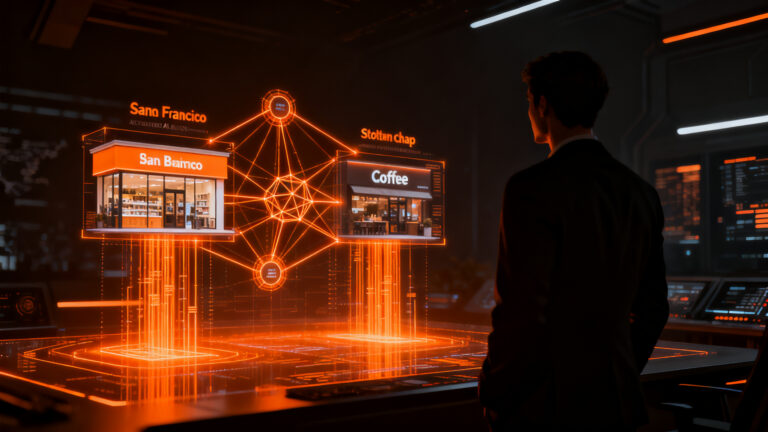 Agente de IA autónomo supervisando operaciones comerciales globales en un entorno digital futurista.