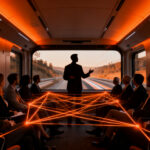 Emprendedores e inversores en networking dentro de un tren de alta velocidad, representando innovación abierta y corporate venture.