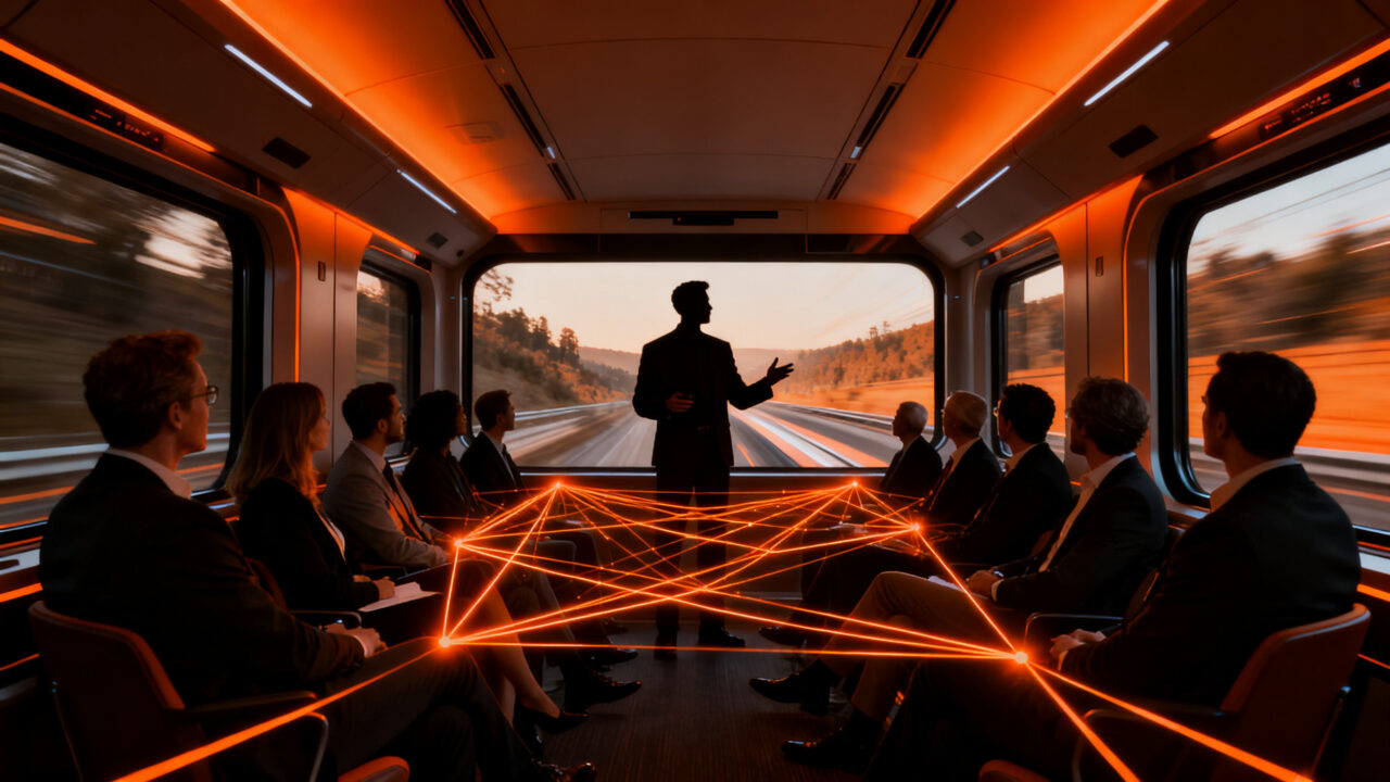 Emprendedores e inversores en networking dentro de un tren de alta velocidad, representando innovación abierta y corporate venture.