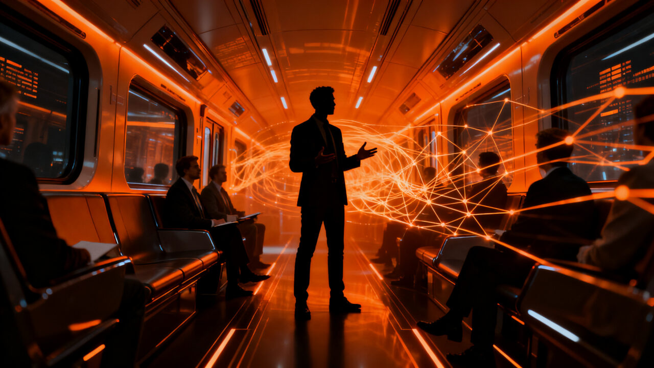 Startups presentando proyectos de innovación y financiación a bordo de un tren de alta velocidad hacia Sevilla.