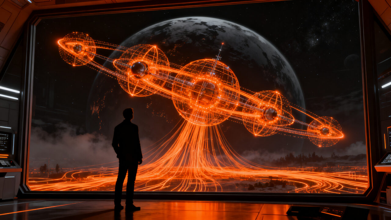 Emprendedor observando satélites hiperespectrales en el espacio, representando la inversión millonaria en la startup Pixxel y la tecnología spacetech.