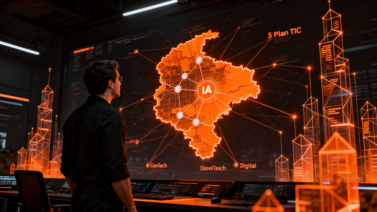 Emprendedor analizando mapa digital de Colombia con nodos de IA, representando las oportunidades del Plan TIC 2026-2030 para startups.