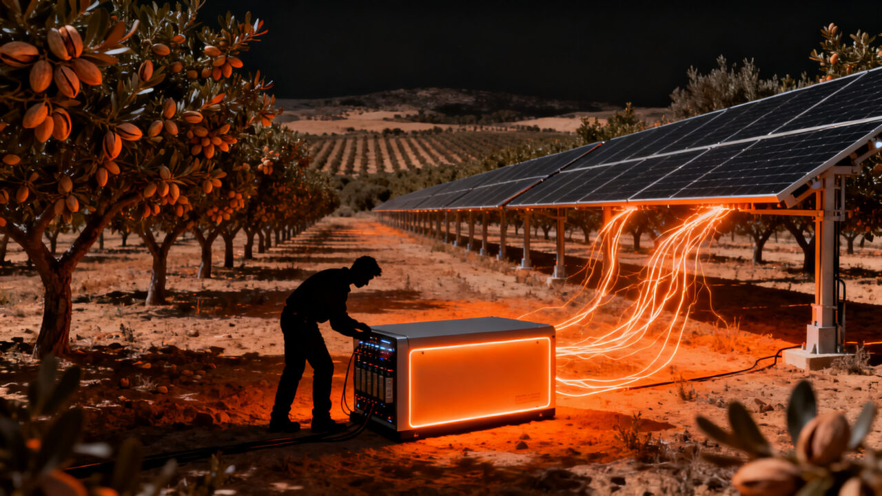 Planta de pistachos en Cuenca operando con energía solar e islas de baterías, representando la eficiencia energética en la agroindustria off-grid.