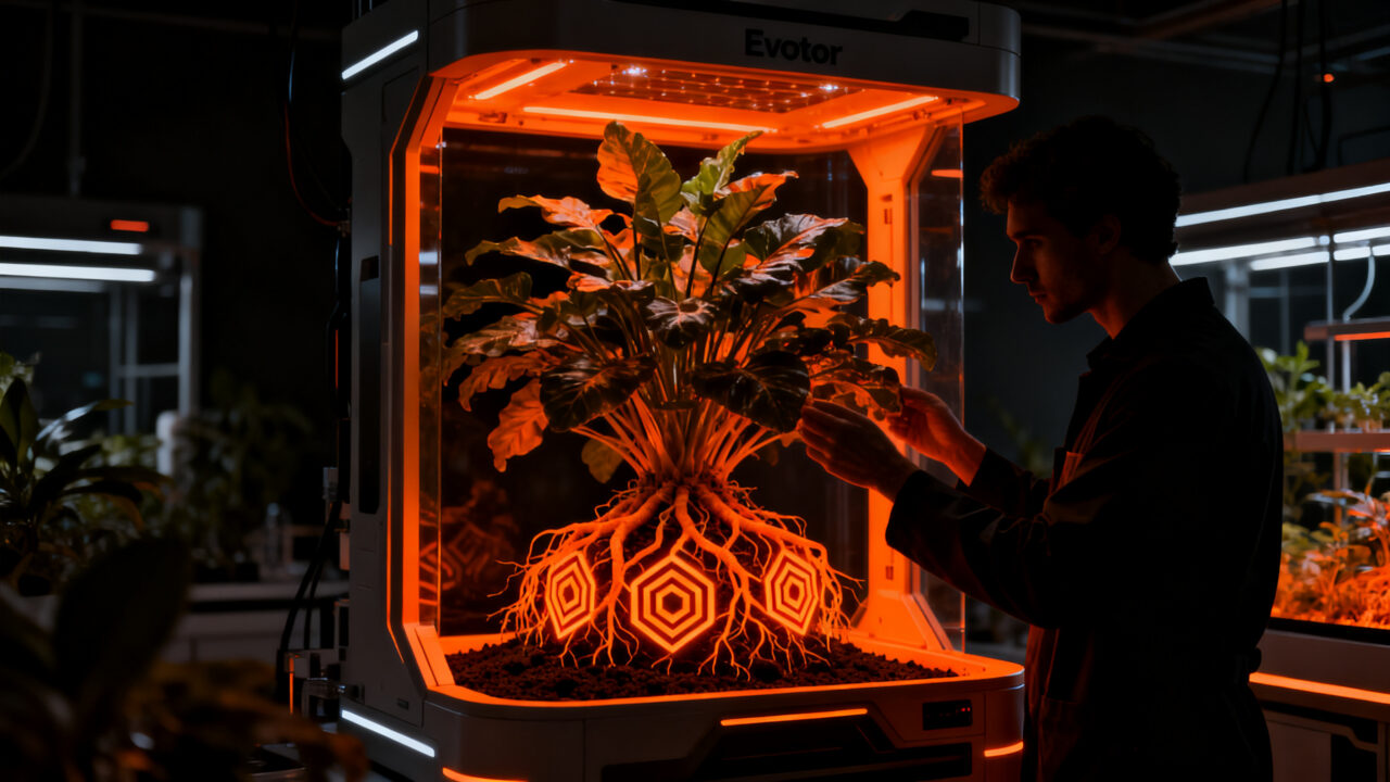 Innovación agrotech de la startup Plantil World: sistema Evoter para plantas de interior en un entorno de laboratorio botánico.