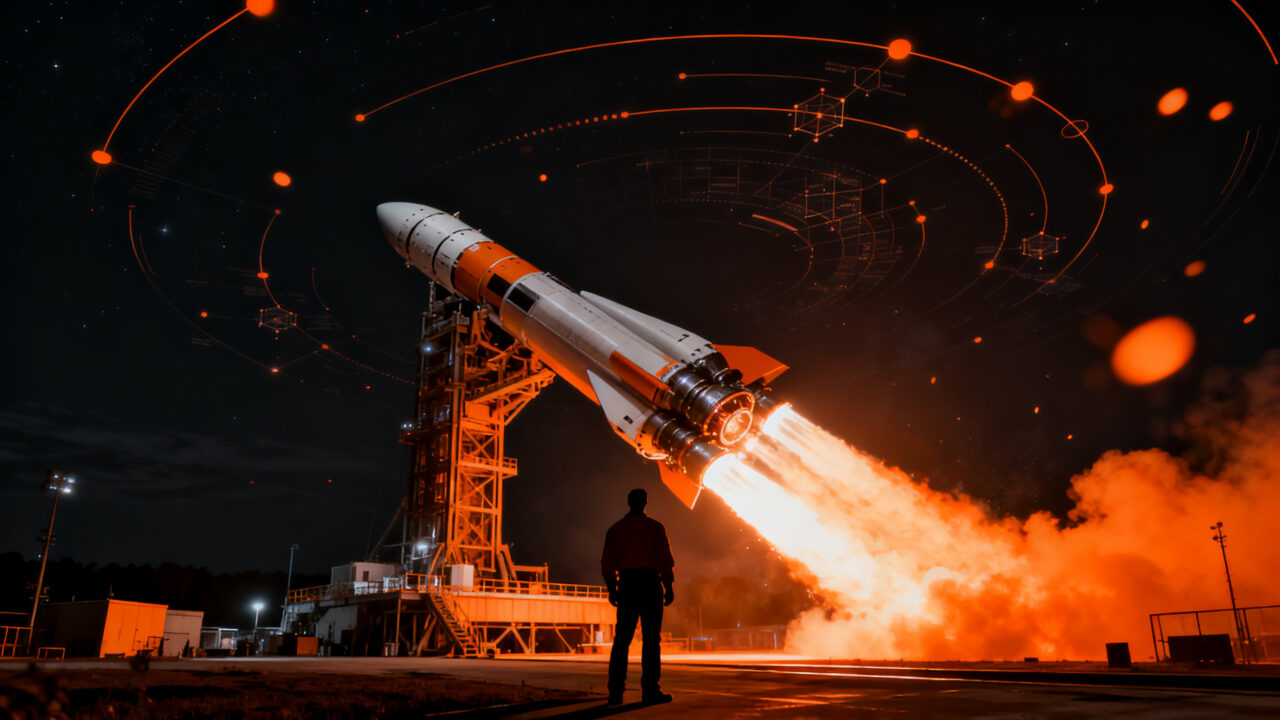 Lanzamiento de cohete espacial y financiación deeptech europea, representando la inversión en startups de cohetes como PLD Space.