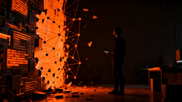 Ingeniero navegando en un entorno digital minimalista, simbolizando la privacidad y la desconexión tecnológica frente a la dependencia de smartphones.
