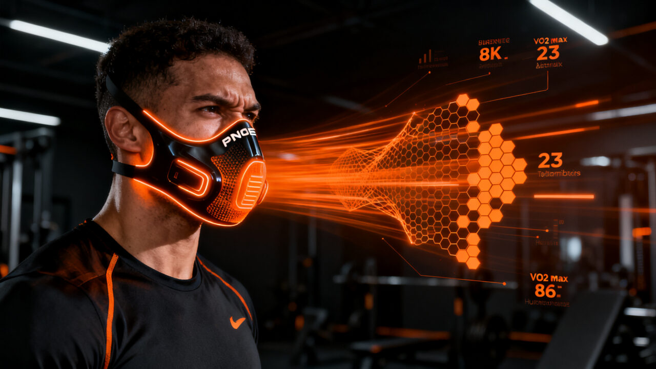 Máscara tecnológica PNOE midiendo biomarcadores y VO2 max para salud avanzada en entornos de alto rendimiento.