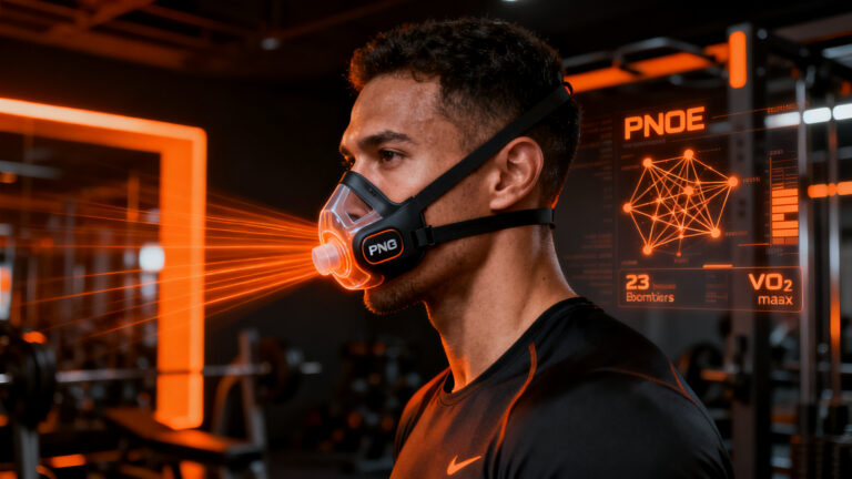 Atleta utilizando máscara de test metabólico PNOE para medir VO2 max y longevidad en un entorno de alto rendimiento.