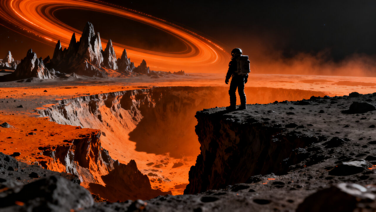 Astronauta observando el desafiante terreno del polo sur lunar, representando los riesgos de la misión Artemis y la carrera espacial.