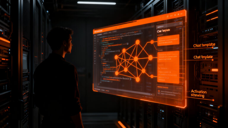 Investigador analizando la estructura de datos y el chat template de un modelo de lenguaje, representando la introspección de la IA.