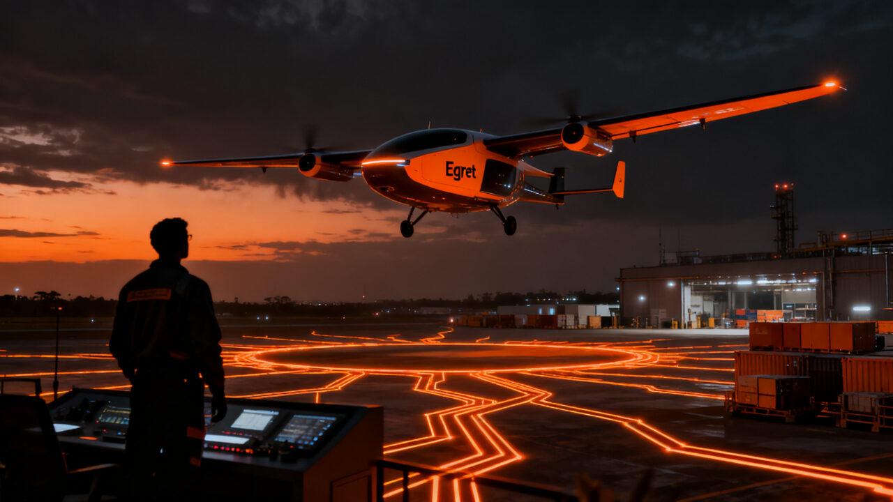 Avión de carga autónomo Egret de Poseidon Aerospace, representando la innovación en logística y la financiación de startups aeroespaciales.