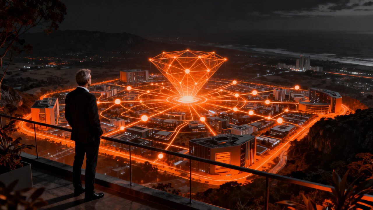 Construcción de una ciudad estado inteligente impulsada por IA en Uruguay, representando inversión tecnológica y futuro urbano.