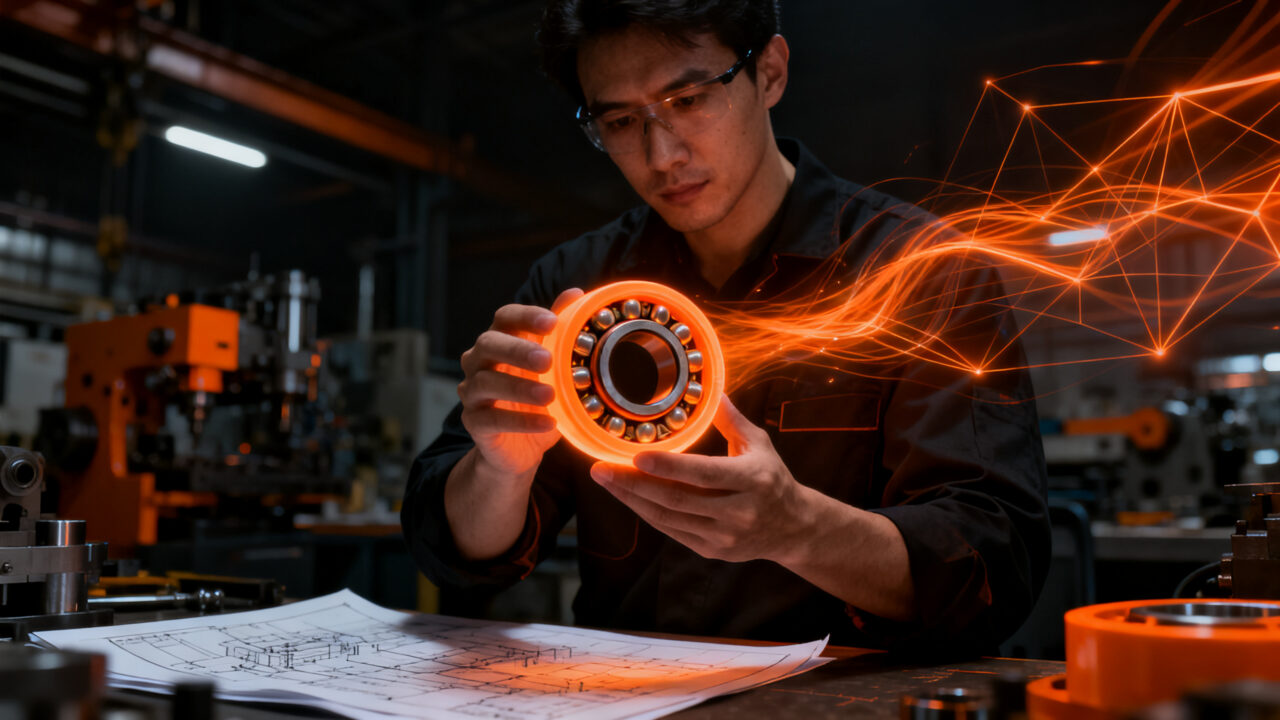 Ingeniero analizando un cojinete de plástico avanzado en un entorno industrial, representando los premios manus 2027 de innovación en ingeniería.