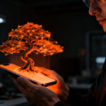 Representación conceptual de un modelo de IA comprimido ejecutándose en un dispositivo móvil, simbolizando la eficiencia de PrismML Bonsai 2.