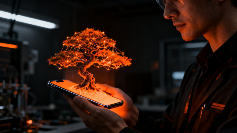 Representación conceptual de un modelo de IA comprimido ejecutándose en un dispositivo móvil, simbolizando la eficiencia de PrismML Bonsai 2.