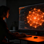 Desarrollador trabajando en una interfaz de IA privada, representando la eficiencia de modelos como PrismML Bonsai 2 en dispositivos locales.