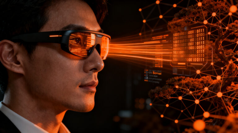 Innovación en Edge AI: Gafas inteligentes con tecnología Bonsai 1-bit de PrismML y Qualcomm, representando el futuro de la computación en dispositivos portátiles.
