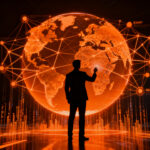 Emprendedor analizando datos de exportación global con inteligencia artificial en un entorno digital avanzado.