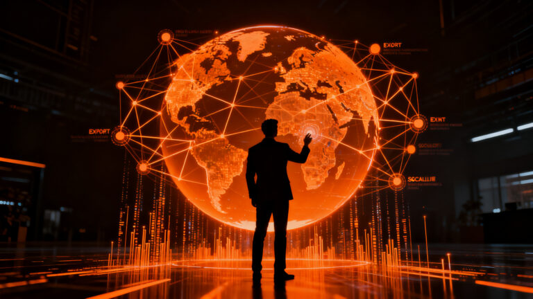 Emprendedor analizando datos de exportación global con inteligencia artificial en un entorno digital avanzado.