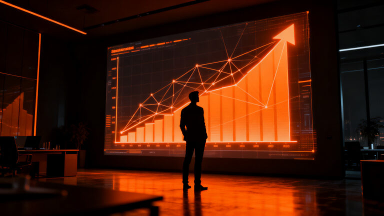 Empresario observando el crecimiento de indicadores de ventas digitales tras recibir financiamiento para la transformación de su mipyme.