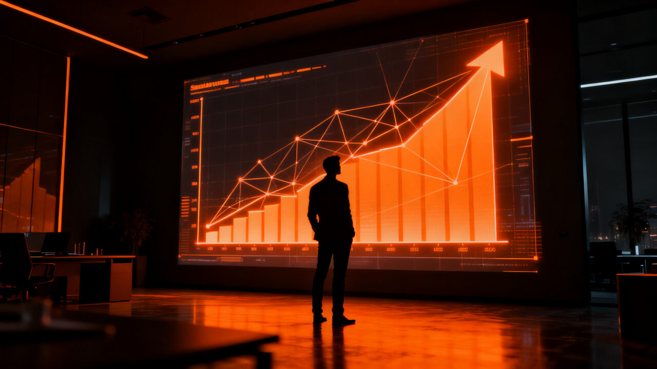 Empresario observando el crecimiento de indicadores de ventas digitales tras recibir financiamiento para la transformación de su mipyme.
