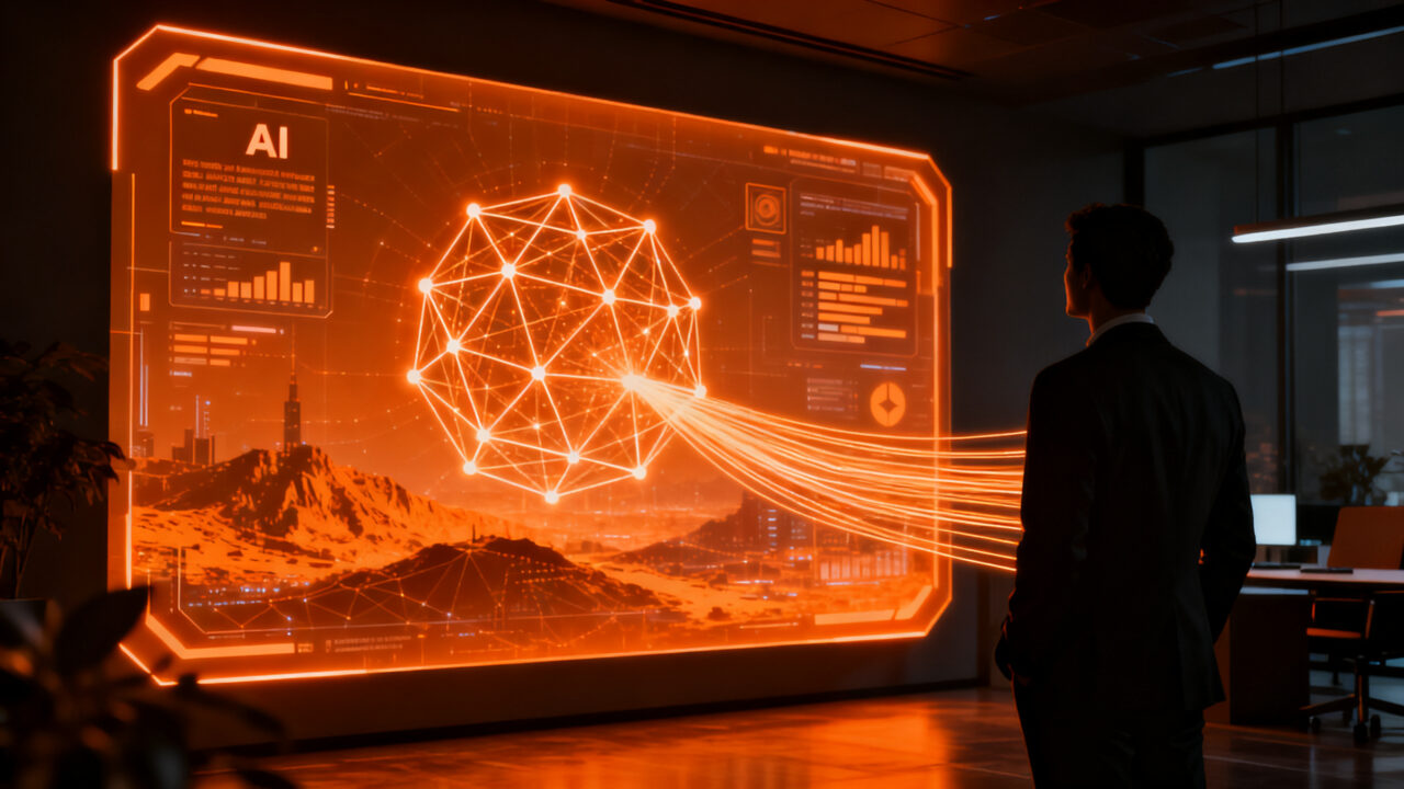 Trabajador argentino utilizando inteligencia artificial en un entorno laboral moderno, representando la adopción de IA y la capacitación digital según PwC.