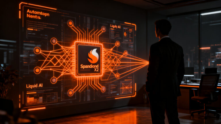Un profesional tecnológico analizando gráficos de IA on-device y el futuro de Qualcomm con Snapdragon X2 en un entorno corporativo oscuro.