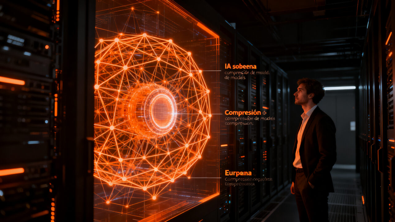 Representación conceptual de la soberanía tecnológica en IA, con un desarrollador analizando la estructura de un modelo europeo derivado de tecnología global.