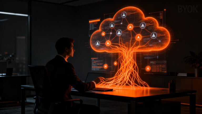 Rabbit OS3 ejecutando agentes de IA en la nube, representando la adopción empresarial de IA distribuida y gobernanza de datos.