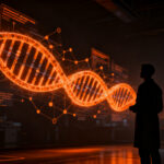 Investigador de biotecnología analizando estructuras genómicas complejas con inteligencia artificial, representando la bioseguridad del futuro.