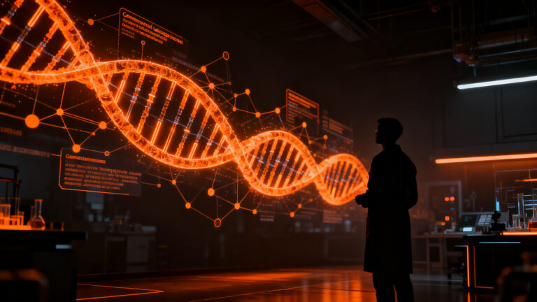 Investigador de biotecnología analizando estructuras genómicas complejas con inteligencia artificial, representando la bioseguridad del futuro.