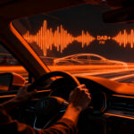 Representación visual de la integración de radio FM y DAB+ en el tablero de un coche moderno, impulsando la regulación europea.